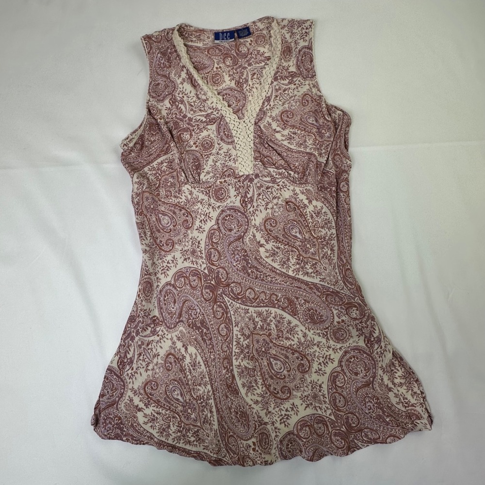 Y2K Paisley Sleeveless V-Neck Top Crochet Trim‎ Large Boho Whimsy Fairy Feminine